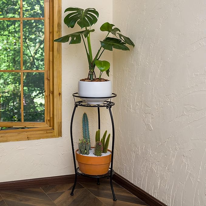 FaithLand 2 Pack Metal Plant Stands, Tall Planter Holder Indoor Outdoor, 2 Tier Round Potted Supports Rack, Corner Display Shelf Black FaithLand