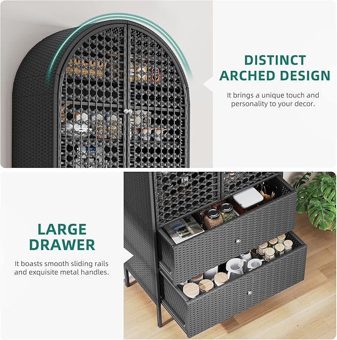 YITAHOME 65 Inch Outdoor Storage Shed, Arched Wicker Stand-Up Pantry with 3 Shelves & 2 Drawers, Rustic Storage Cabinet Patio Furniture for Backyard Garden Patio Lawn (Black) YITAHOME