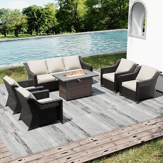 Joyside Wicker Patio Furniture Sets, 6 Pieces Upgraded Large Size Outdoor Furniture with 4 Swivel Rocking Patio Chairs, 3-Seat Sofa, Fire Table,Thick Cushions, Wide Armrest, Beige Joyside