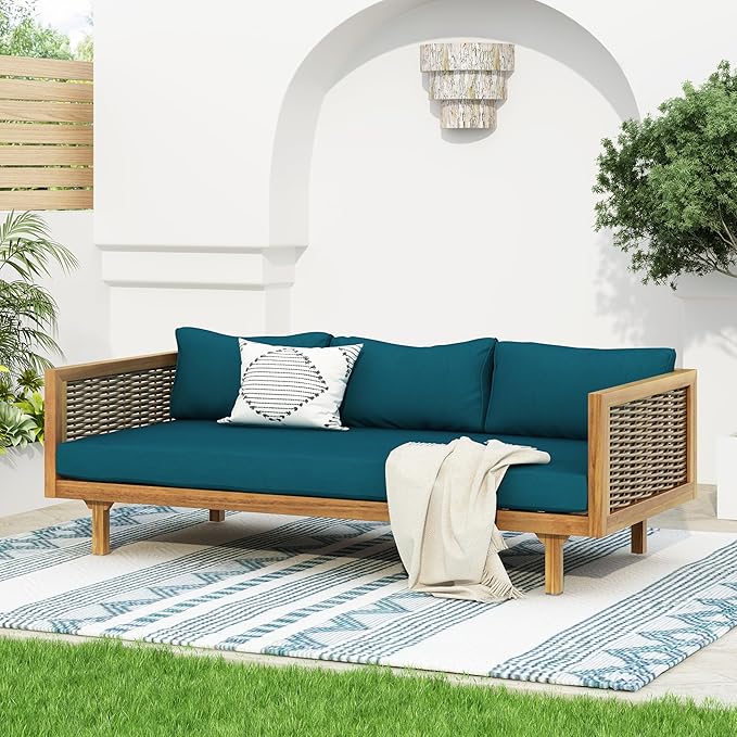 Merax 67.5" Outdoor Patio Daybed 3 Seater Sofa Bed,Acacia Wood Frame with Rattan Arm,Cushion & Pillow for Courtyard Merax