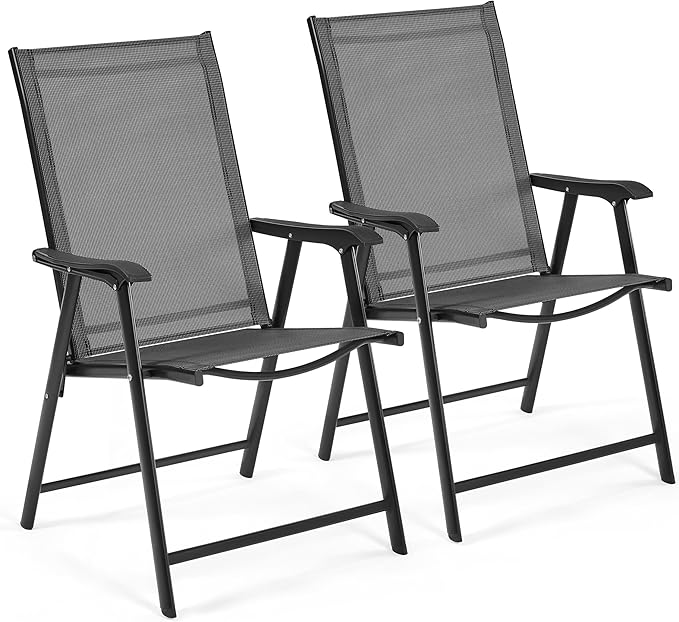 Yaheetech Patio Dining Chairs Set of 2 with Armrests, Outdoor Folding Chairs with Metal Frame and Backrest for Lawn, Garden, Yard and Poolside, Black Yaheetech