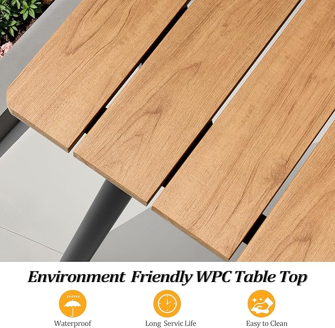 70" Patio Outdoor Dining Table for 4-6, Weather-Resistant Wood-Grain Top with Aluminum Frame & Umbrella Hole for Deck Gatherings, Brown VredHom