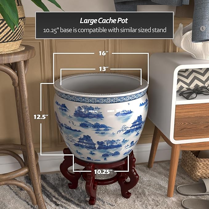 Red Lantern 16" Landscape Blue & White Porcelain Fishbowl Planter or Cachepot for Indoor/Outdoor Use in Garden Entryway Living Room Boho Eclectic Modern Contemporary Classic Traditional Style Decor RedLantern