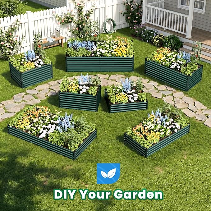 Quictent Galvanized Raised Garden Bed 8x4x1 Ft Metal Planter Box for Vegetables Bottomless for Backyard, 2 Tomato Cages Included, Green 2PCS QUICTENT