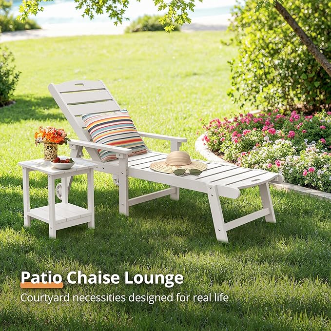 LUE BONA Outdoor Chaise Lounge Chairs Set of 4, HDPS Chaise Lounger, 5 Positions Adjustable Lounge Chairs, Pool Lounge Chair with Wheels for Poolside, White LUEBONA