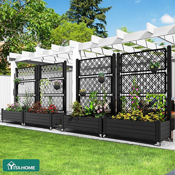YITAHOME 43.3x17.7x61 in Planter Trellis Box with Wheels & Drain Plug, Outdoor Resin Raised Garden Bed for Climbing Plants, Large Weather-Resistant Design, Black YITAHOME