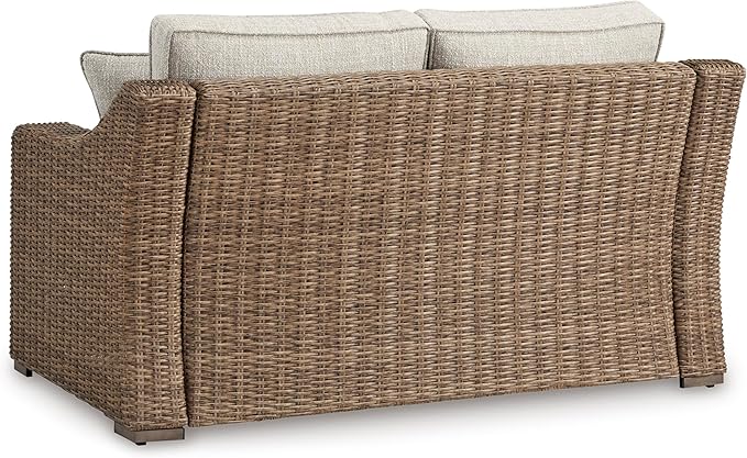 Signature Design by Ashley Beachcroft Casual Nuvella Weather Resistant Fabric, Resin Wicker Outdoor Loveseat with Cushion and 2 Accent Pillows, Dark Brown & Beige SignatureDesignbyAshley