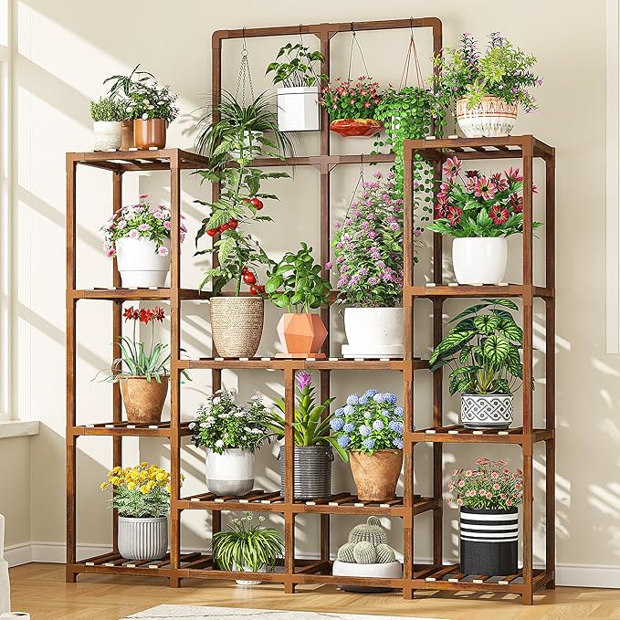 EnHomee Plant Stand Indoor Wood Plant Stand Outdoor Tiered Plant Shelf for Multiple 16-21 Potted Plants for Living Room Patio Balcony Yard Garden 44.9" W x 11.8" D x 62.2" H EnHomee