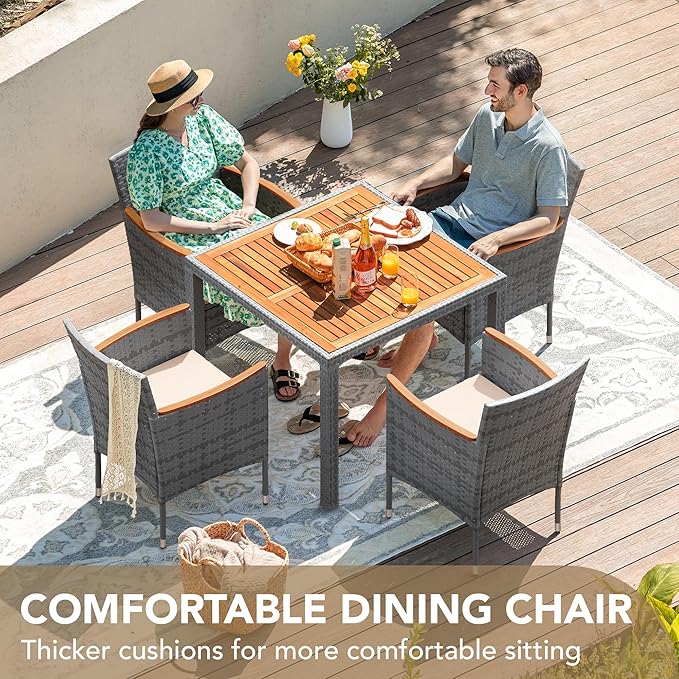 Devoko 5 PCS Furniture, Patio Conversation Set with Acacia Wood Top, Rattan Outdoor Dining Table and Chairs for Backyard, Garden, Deck, Grey DEVOKO