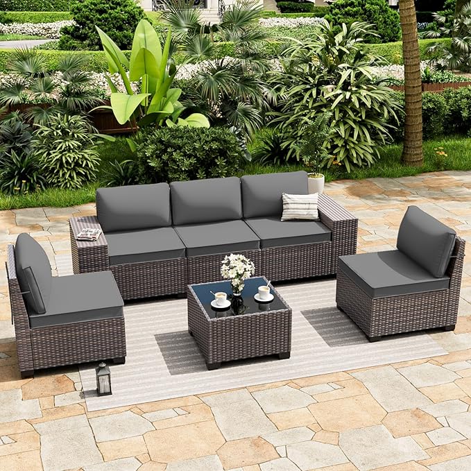 ALAULM 6 Pieces Patio Furniture Set, Oversized Seat/Armrest and High Back Wicker Sectional Furniture Set with Thick Cushion for Backyard, Garden, Grey ALAULM