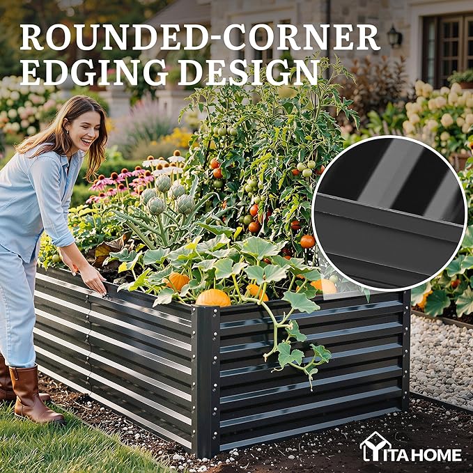 YITAHOME 72x36x24 in Galvanized Raised Garden Bed Kit, Large Metal Planter Box with Gloves & Support Rod, Outdoor Flower Bed for Plants Vegetables, Black YITAHOME