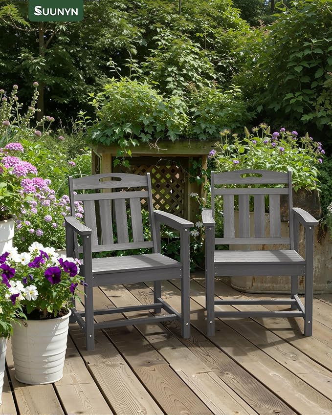 Patio Chairs Set of 2, HDPE Outdoor Dining Chairs with Wide Seat, All Weather Oversized Porch Chair for Garden, Backyard, Deck - Grey Suunyn