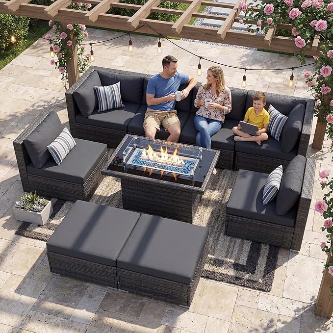 NICESOUL 8 Seater Outdoor Patio Furniture Sectional Sets with Firepits Table Natural Gas Propane, 29.3'' High Back Comfy Wicker Conversation, 9 Piece Deep Wide Modern Modular Sofa for Backyard, Grey NICESOUL