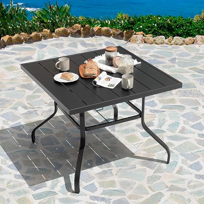 NUU GARDEN 37" Outdoor Patio Table, 4 Person Steel Slat Square Dining Table with 1.57" Umbrella Hole, Slatted Top and Powder Coated Iron Frame for Patio, Garden and Balcony, Black NUUGARDENCORPORATION