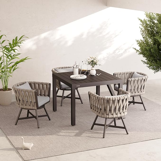 Grand patio 5-Piece Outdoor Dining Set for 4, Patio Dining Furniture Set for 4 Swivel Rope Wicker Chairs & 1 Expandable Rectangular Dining Table, Light Gray Brown GrandPatio