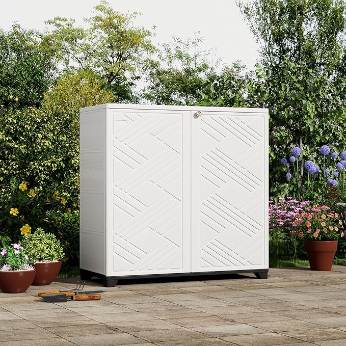 ZZM Indoor/Outdoor Storage Cabinet Waterproof, 34"x15"x34" Plastic Outdoor Storage Box for Garden Balcony Bathroom, All Weather Outdoor Storage Clearance, DIY Usage, with 2 Shelf (White) ZZM
