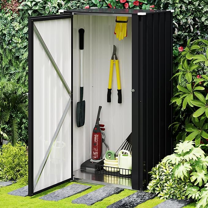 Devoko 22 Cuft Lockable Metal Storage Shed, Vertical Indoor Outdoor Tool Cabinet with Non-Adjustable Shelves for Patio Garden Backyard, Black DEVOKO