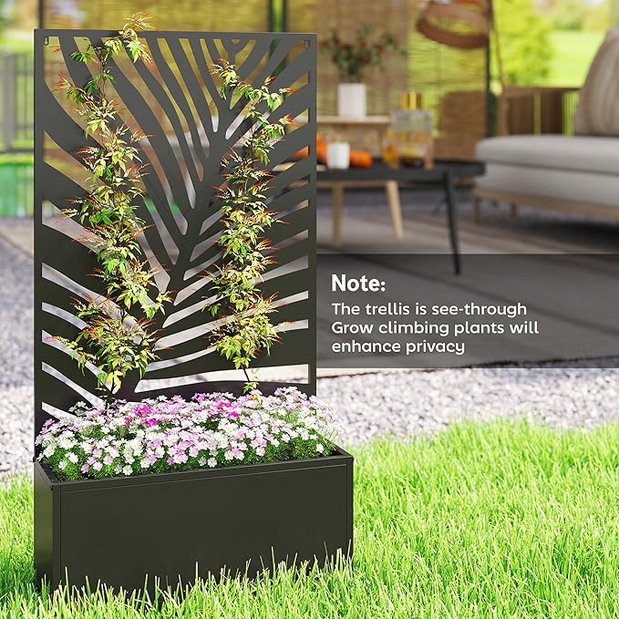 Outsunny Metal Raised Garden Bed with Trellis for Climbing Plants, Freestanding or Wall Mounted Flower Bed with Privacy Panel, Large Leaf Cut-Out Outdoor Planter Box for Garden, Patio, Balcony Outsunny