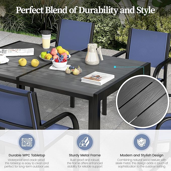 7-Piece Outdoor Patio Dining Set for 6, 59” Table with 4 Textilene Dining Chairs & 2 Swivel Chairs, Patio Furniture Set with Durable Metal Frame for Backyard Garden, Deck, and Poolside (Blue) SEGMART