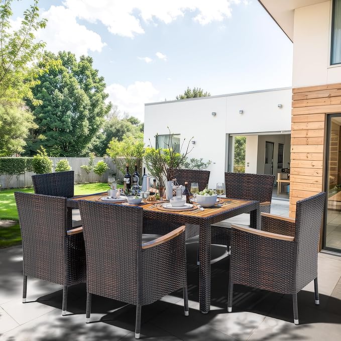 Shintenchi 7 Piece Patio Dining Set, Wicker Patio Conversation Set with Wooden Table Top, Outdoor Table and Chairs with Soft Cushions for Backyard, Deck and Garden, Brown Rattan Shintenchi