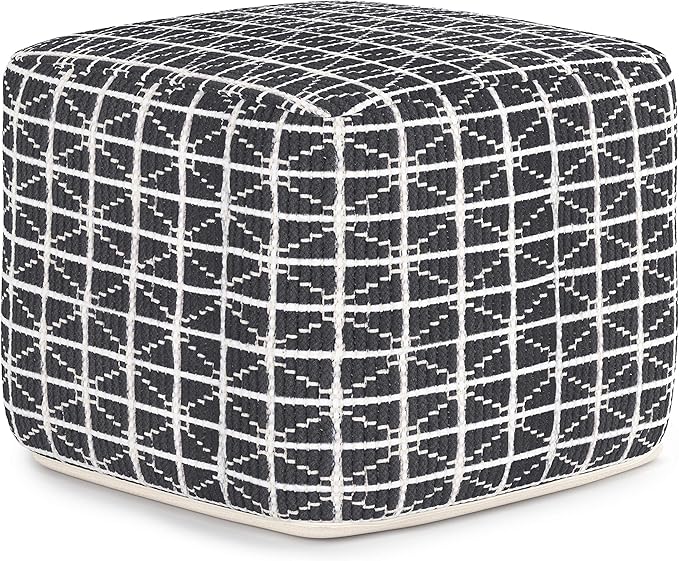 SIMPLIHOME Noreen Square Pouf - 18 inch Wide Upholstered Handwoven Cotton Ottoman in Slate Grey and White, Boho Footstool or Extra Seating for Living Room with Polystyrene Filling, Assembled SimpliHome