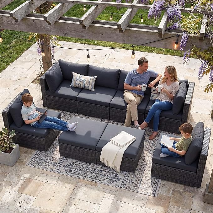 NICESOUL 8 Seater Modern Luxury Outdoor Furniture Set, Extra Large PE Wicker Patio Modular Sectional Sofa with Ottoman, 29.3'' High Back L-Shaped All-Weather Conversations, Deep Seated Grey Color NICESOUL