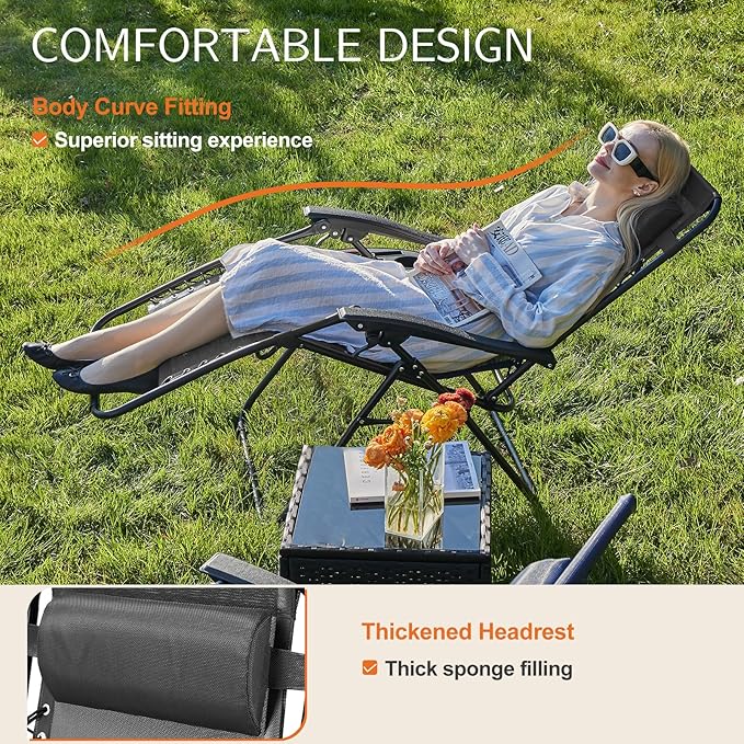 Sweetcrispy Zero Gravity Chairs, Set of 2 Portable Recliner Beach Camping Patio Outdoor Folding Lounge Chair with Cup Holder Trays and Adjustable Pillow for Poolside, Garden, Backyard, Lawn (Black) Sweetcrispy