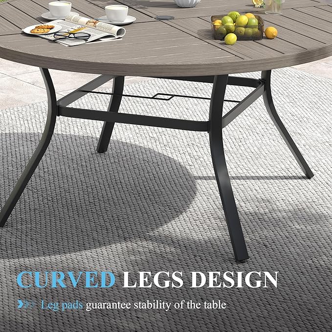 VICLLAX Patio Table and Chair Set of 8, All Weather Metal Round Outdoor Dining Furniture Set-53 Round Outdoor Table and Chairs, Grey Wood Grain Tabletop HOME