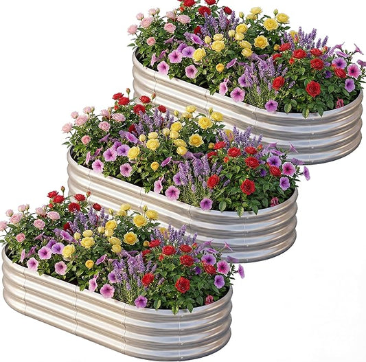 AHEONLAR 3 Pack 6×3×1ft Galvanized Raised Garden Beds, Oval Metal Garden Bed Planter Boxes Outdoor, Durable Raised Garden Beds Outdoor for Vegetables, Flowers, Silver AHEONLAR