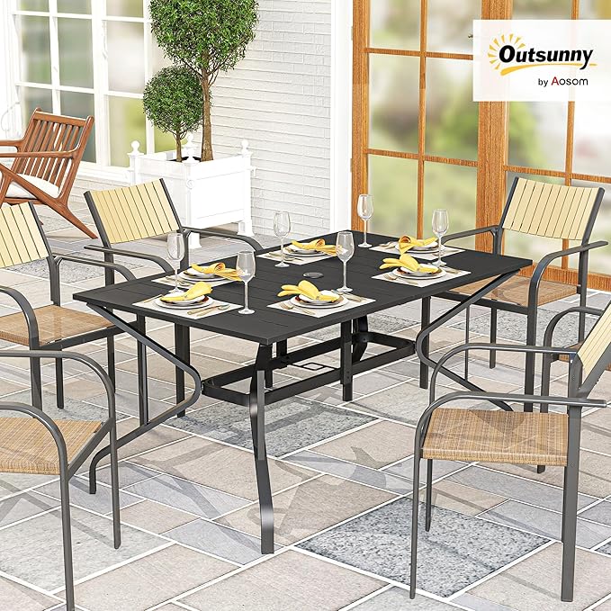 Outsunny Rectangle Outdoor Dining Table for 6 People, Steel Rectangular Patio Table with Umbrella Hole, Steel Frame for Garden, Balcony, Black Outsunny