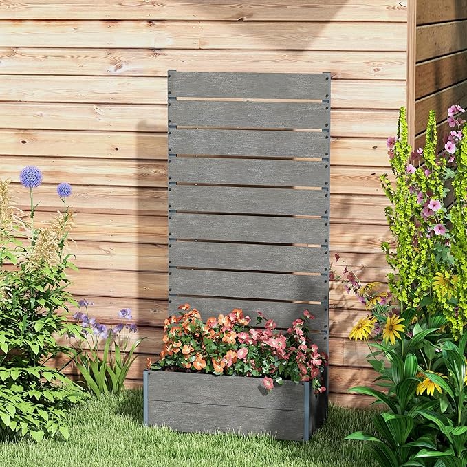 Outsunny Raised Garden Bed with Trellis for Climbing Plants, Planter Box with Self Draining Gap, Freestanding Trellis Planter for Outdoor, Patio, Deck, 28.25" x 15" x 59", Gray Outsunny