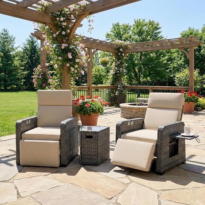 Restland Outdoor Recliner with Independent Adjustable Back & Footrest Wicker Patio Reclining Chair with Flip Table Comfortable Lounge Chair & Thick Cushion for Deck, Porch (3 Piece, Beige) Restland