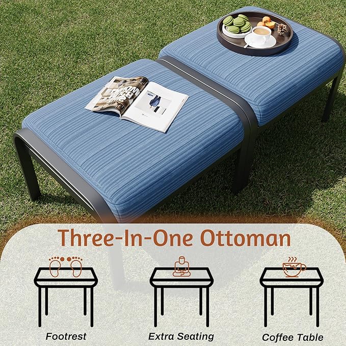 HOMREST Metal Outdoor Ottoman, 3-Piece Aluminum Footstool w/Removable Cushion, Multipurpose Footrest Stool with Coffee Side Table Additional Seating, Set of 3 Outdoor Ottomans for Patio Deck (Blue) HOMREST