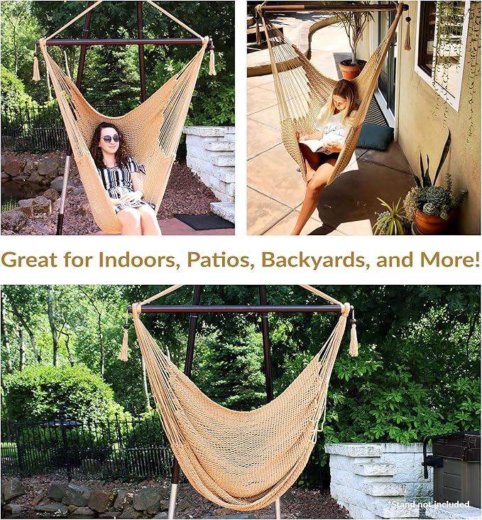 Sunnydaze Outdoor Hammock Chair Swing - Hanging Hammock Swing - Hanging Reading Chair - Soft-Spun Polyester Rope - Caribbean XL - Tan SunnydazeDecor