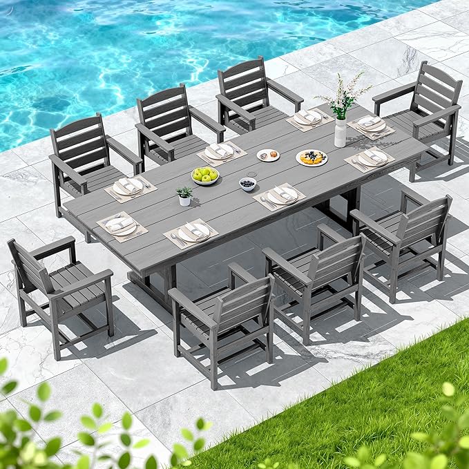 SERWALL 9 Piece Outdoor Dining Set, 84" HDPE Outdoor Table and Chairs for 8，All Weather Patio Furniture Set with Umbrella Hole for Backyard, Garden, Gray SERWALL