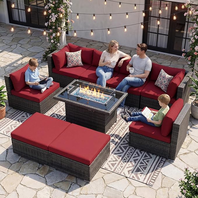 NICESOUL 9 Piece Extra Large Outdoor Patio Furniture Set with Firepit Table Natural Gas/Propane, 29.3'' High Back Gray Wicker Sectional Sofa, Deep Sitting Conversation,2 Color Cushion Burgundy & Gray NICESOUL