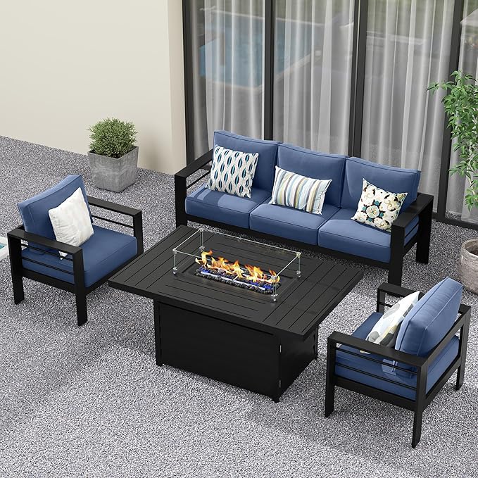 Solaste Aluminum Patio Furniture Set with Fire Pit Table, 4 Piece Metal Outdoor Furniture with Water-Resistant Cushions, Modern Patio Conversation Set for Balcony, Front Porch, and Backyard,Blue Solaste
