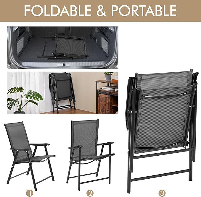 Yaheetech Patio Dining Chairs Set of 2 with Armrests, Outdoor Folding Chairs with Metal Frame and Backrest for Lawn, Garden, Yard and Poolside, Black Yaheetech