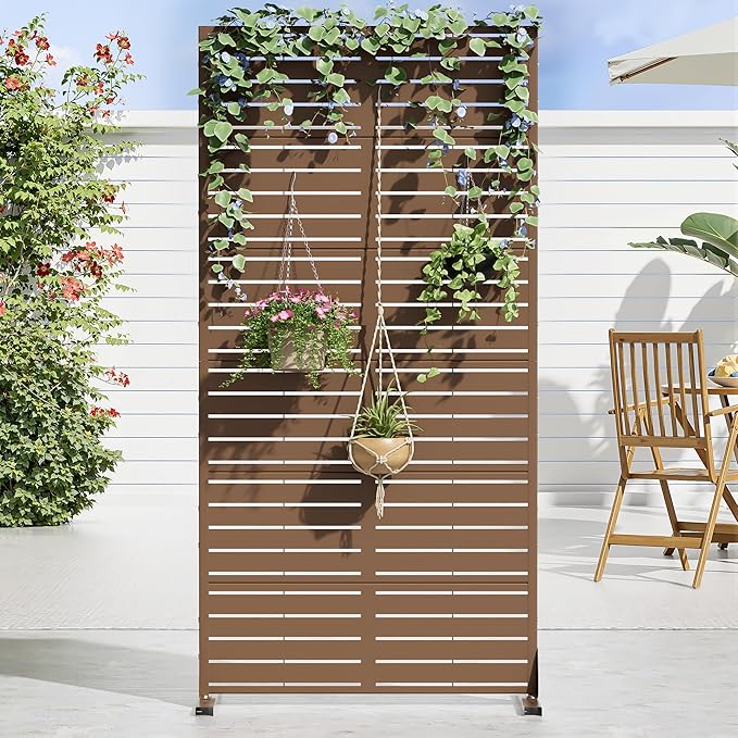 Casaphoria Metal Privacy Screen Outdoor, 72" H x 35" W Freestanding Decorative Privacy Screen for Patio Deck Balcony Garden with Stable Base, Brown-Louvered Casaphoria