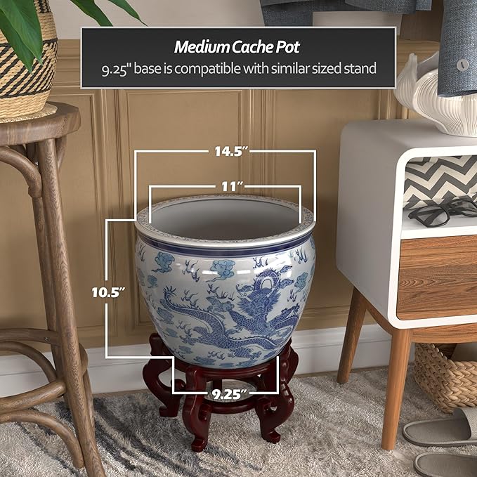 Red Lantern 14" Dragon Blue & White Porcelain Fishbowl Planter or Cachepot for Indoor/Outdoor Use in Garden Entryway Living Room Boho Eclectic Modern Contemporary Classic Traditional Style Decor RedLantern