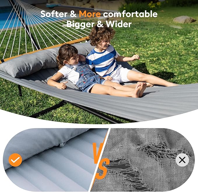 Double Hammock with Spreader Bar & Pillow, Portable 500lbs Capacity for Outdoor, Camping, Patio, Backyard Relaxation,Gray Rootora