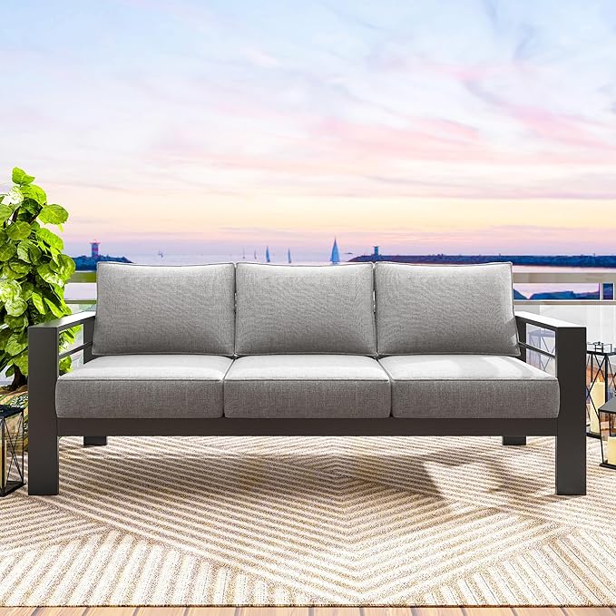 Solaste Aluminum Outdoor Couch, 3-Seat Metal Outdoor Sofa with Water-Resistant Cushion, Weather-Resistant Modern Patio Sofa, Black Frame Grey Cushion Solaste
