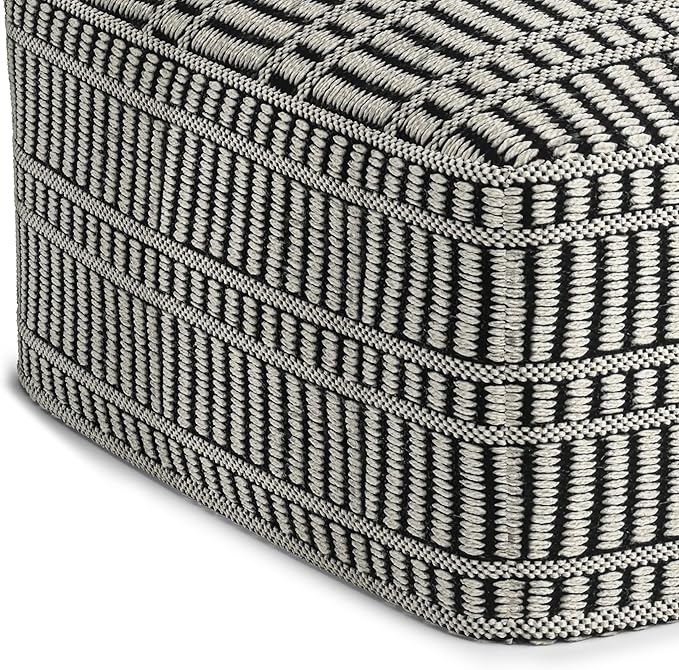 SIMPLIHOME Safford Square Pouf - 20 inch Wide Upholstered PET Polyester Ottoman in Black and White, Boho Indoor/Outdoor Footstool or Extra Seating for Living Room, Bedroom, or Patio, Assembled SimpliHome