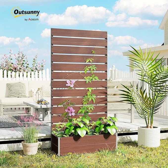 Outsunny Raised Garden Bed with Trellis for Climbing Plants, Planter Box with Self Draining Gap, Freestanding Trellis Planter for Outdoor, Patio, Deck, 35.75" x 15" x 70.75", Light Brown Outsunny