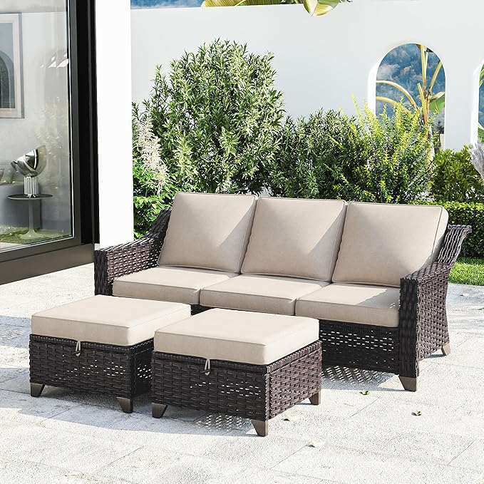 Joyside Patio Furniture Set, 3 Pieces Outdoor Wicker High Back Sofa with Ottoman and Comfy Cushions, Upgraded Large Size, All Weather High Back Conversation Set, (Brown/Beige) Joyside