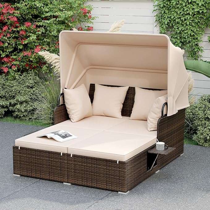 ORALNER Outdoor Daybed, 2-Person Wicker Patio Sofa with Retractable Canopy, Cushions & Pillows, 2 Side Trays, PE Rattan Double Sunbed for Deck Poolside Garden Balcony Backyard (Beige, Mix Brown) ORALNER