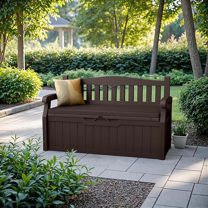 Devoko 80 Gallon Storage Bench with Cushion, Lockable Deck Box for Patio Furniture, Garden Decor and Outdoor Seating for Cushions, Garden Tools and Pool Supplies (Dark Brown, 80 Gallon with Cushion) DEVOKO