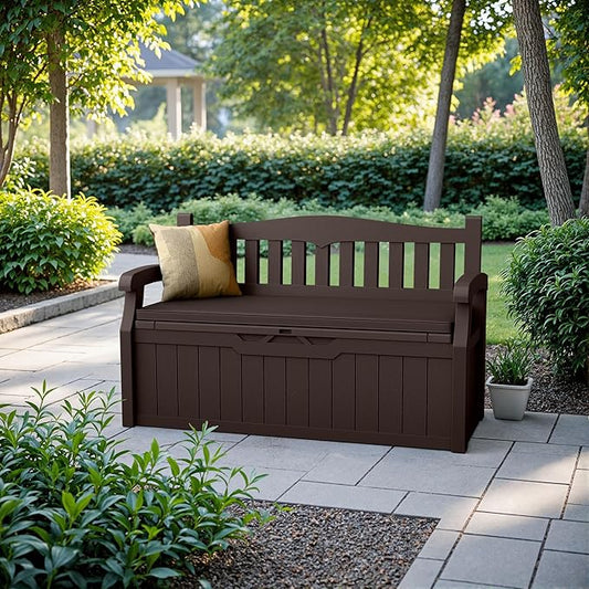 Devoko 80 Gallon Storage Bench with Cushion, Lockable Deck Box for Patio Furniture, Garden Decor and Outdoor Seating for Cushions, Garden Tools and Pool Supplies (Dark Brown, 80 Gallon with Cushion) DEVOKO