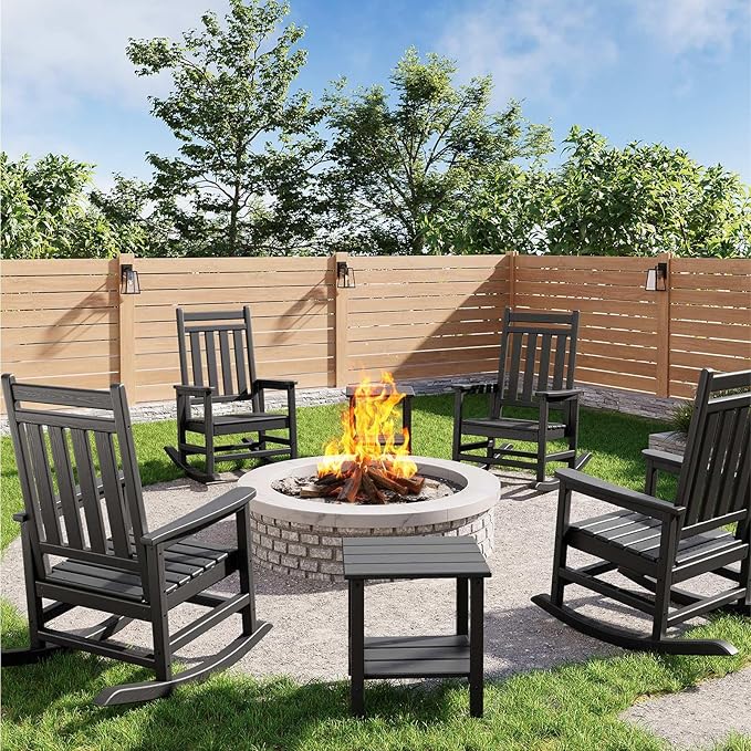 HDPE Rocking Chair Outdoor Set of 4 with 2 Side Table - Poly High Back Porch Rocker Chairs for Adults - All Weather Resistant Furniture for Patio Front Porch - Black Garvee