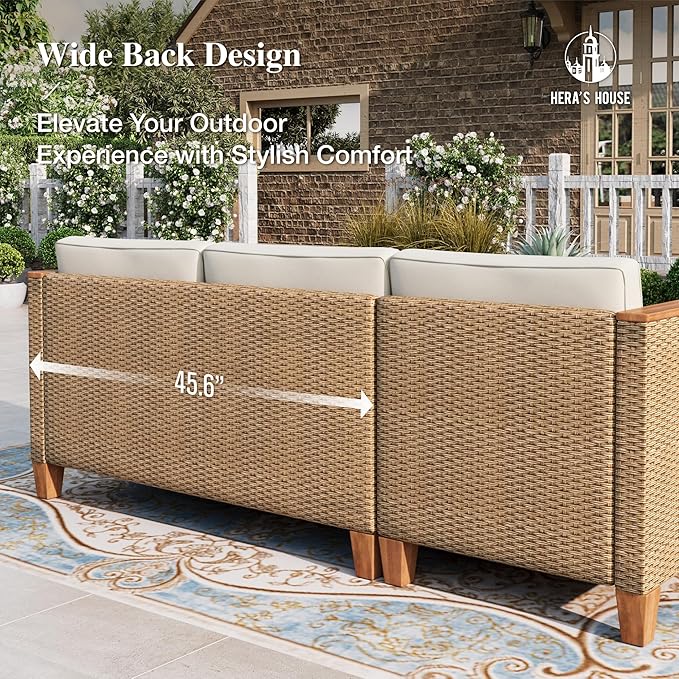HERA'S HOUSE Small Patio Furniture Set, 3 Pieces Wicker Outdoor Sectional Sets,Yellow Rattan Conversation Set with Sofa and Coffee Table for Garden and Backyard, l Shape Boho Balcony Couch Sets HERASHOUSE